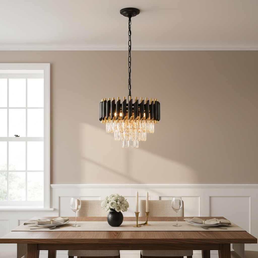 Lustre 3 Étages - Cristal Noir & Doré | Triorina