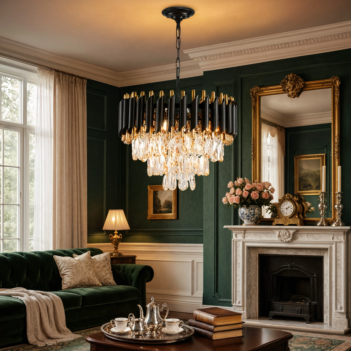 Lustre 3 Étages - Cristal Noir & Doré | Triorina