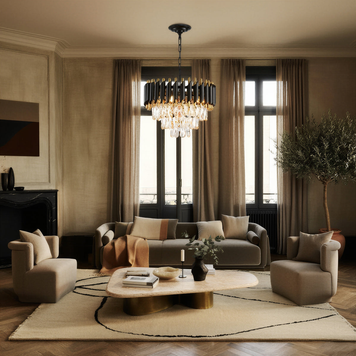 Lustre 3 Étages - Cristal Noir & Doré | Triorina