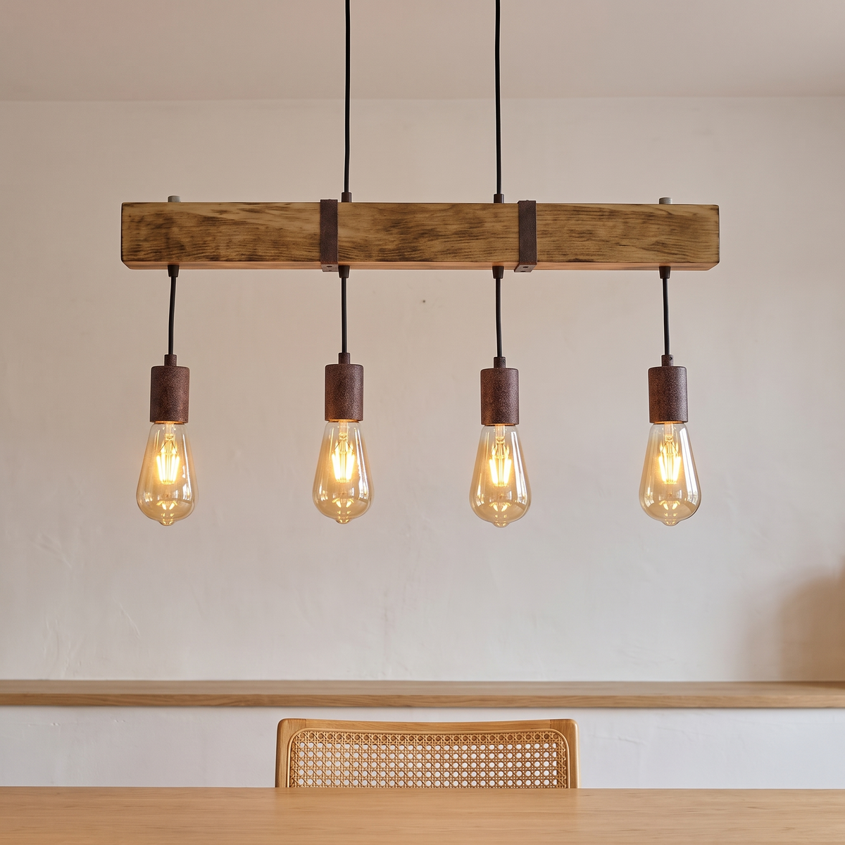 Lustre Poutre Bois Massif - Quatre Lumières | Travéa