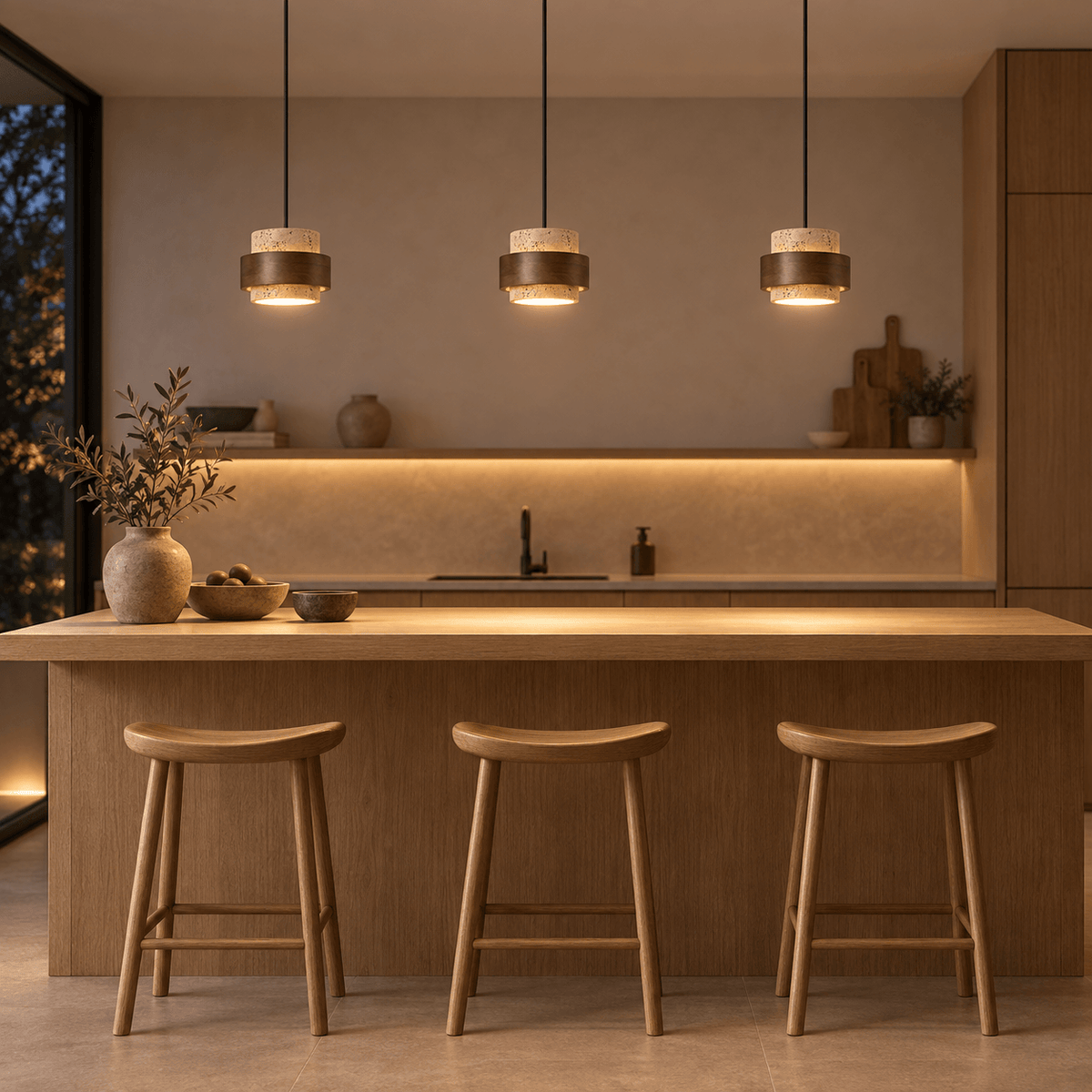 Suspension Travertin & Noyer - Cylindre Sculptural | Théora