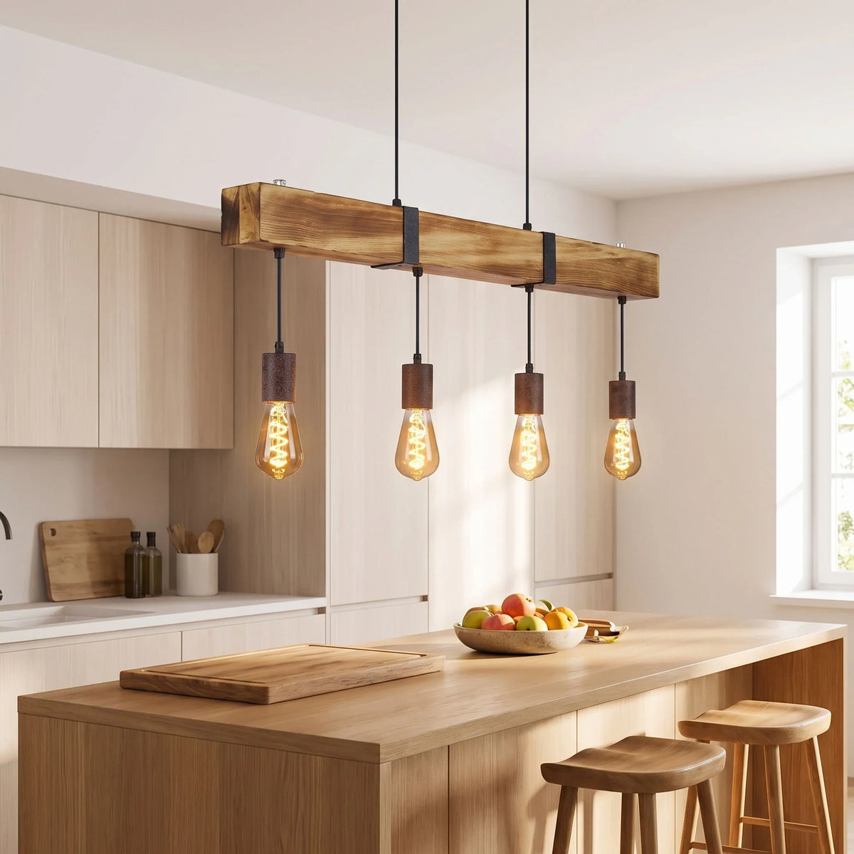 Lustre Poutre Bois Massif - Quatre Lumières | Travéa