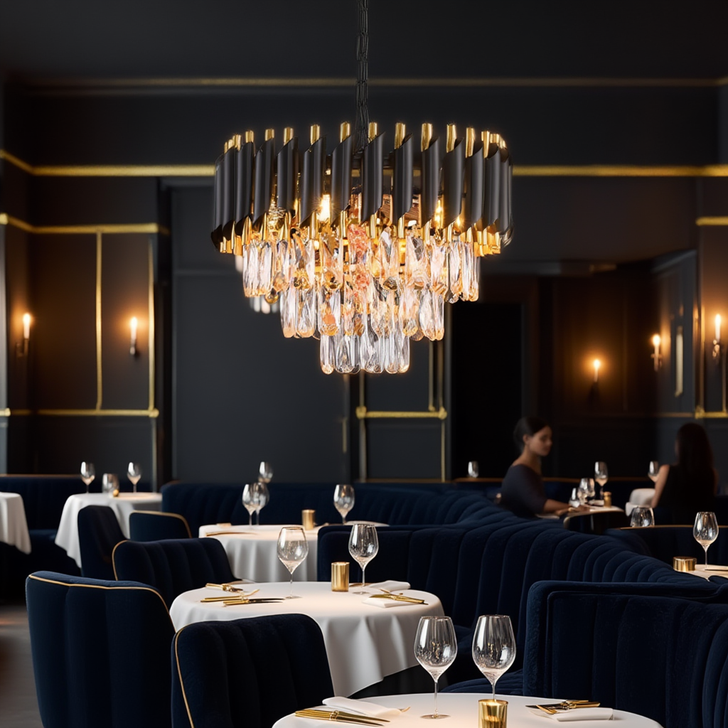 Lustre 3 Étages - Cristal Noir & Doré | Triorina