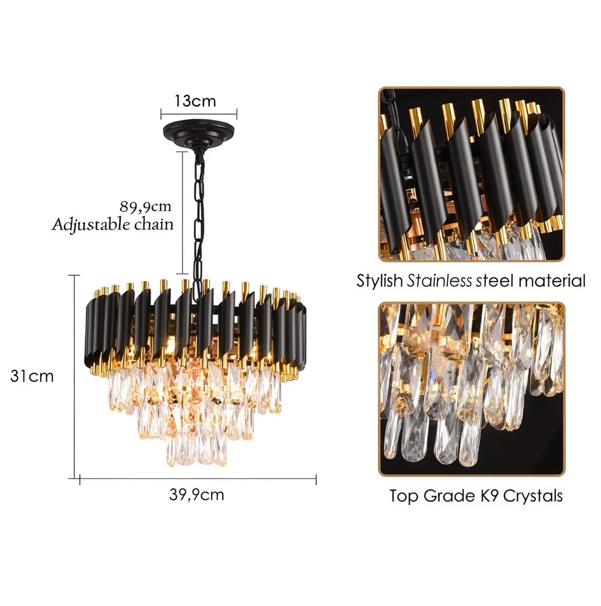 Lustre 3 Étages - Cristal Noir & Doré | Triorina