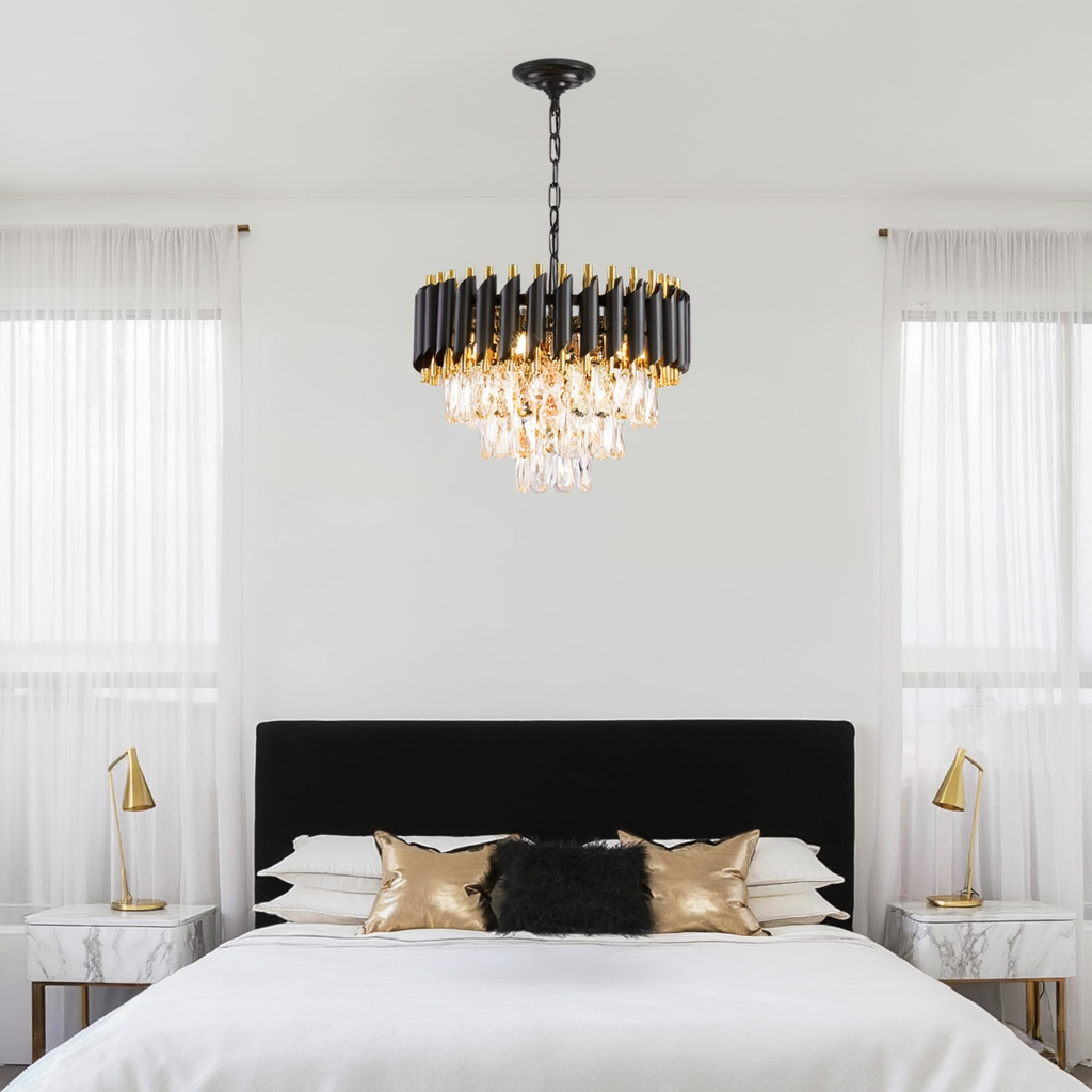 Lustre 3 Étages - Cristal Noir & Doré | Triorina