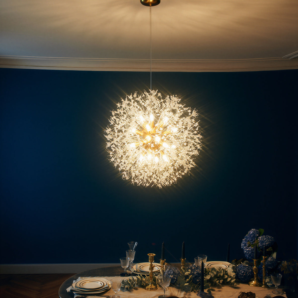 Suspension Cristal Pissenlit - Sphère Dorée | Dentelia