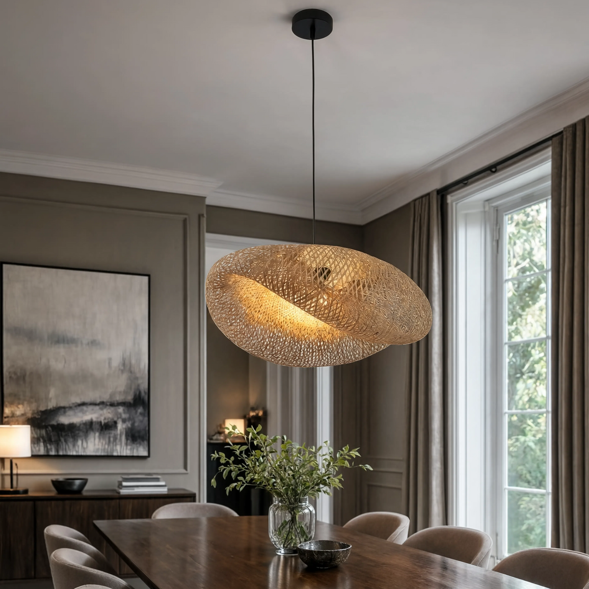 Suspension Bambou Tressé Main - Base Noire | Bambouréa