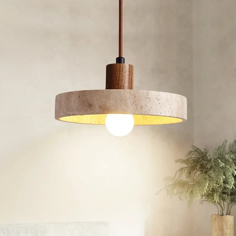 Suspension Travertin & Bois - Halo Naturel | Travolia