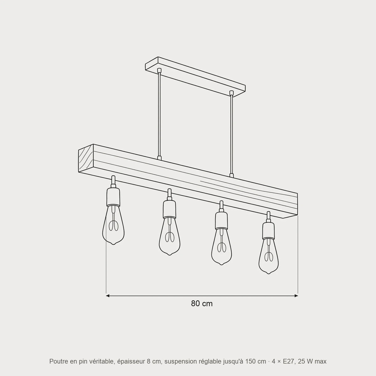 Lustre Poutre Bois Massif - Quatre Lumières | Travéa