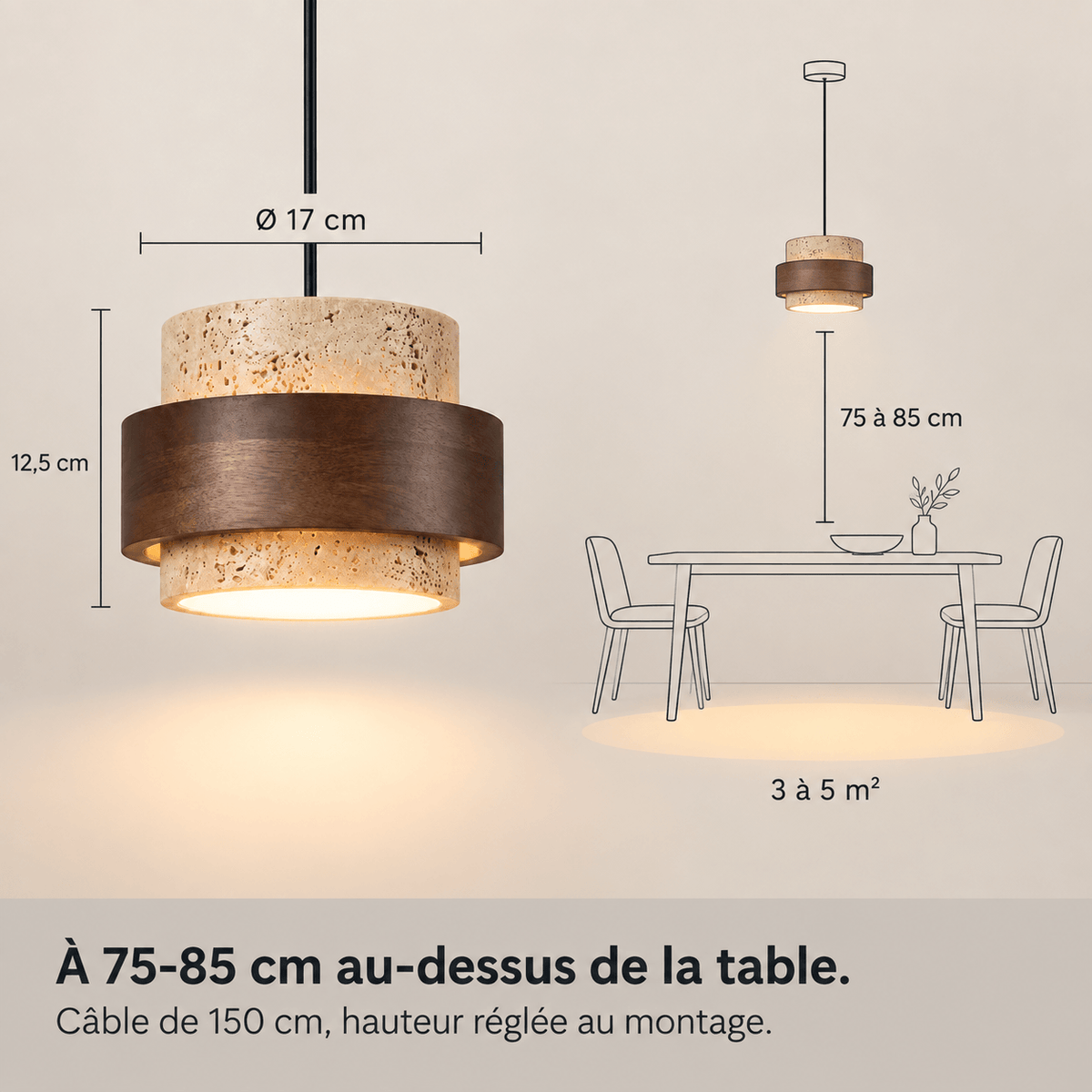 Suspension Travertin & Noyer - Cylindre Sculptural | Théora