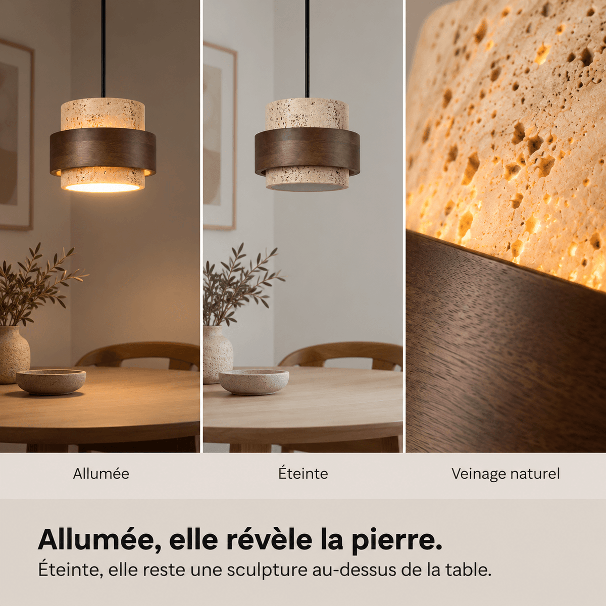 Suspension Travertin & Noyer - Cylindre Sculptural | Théora