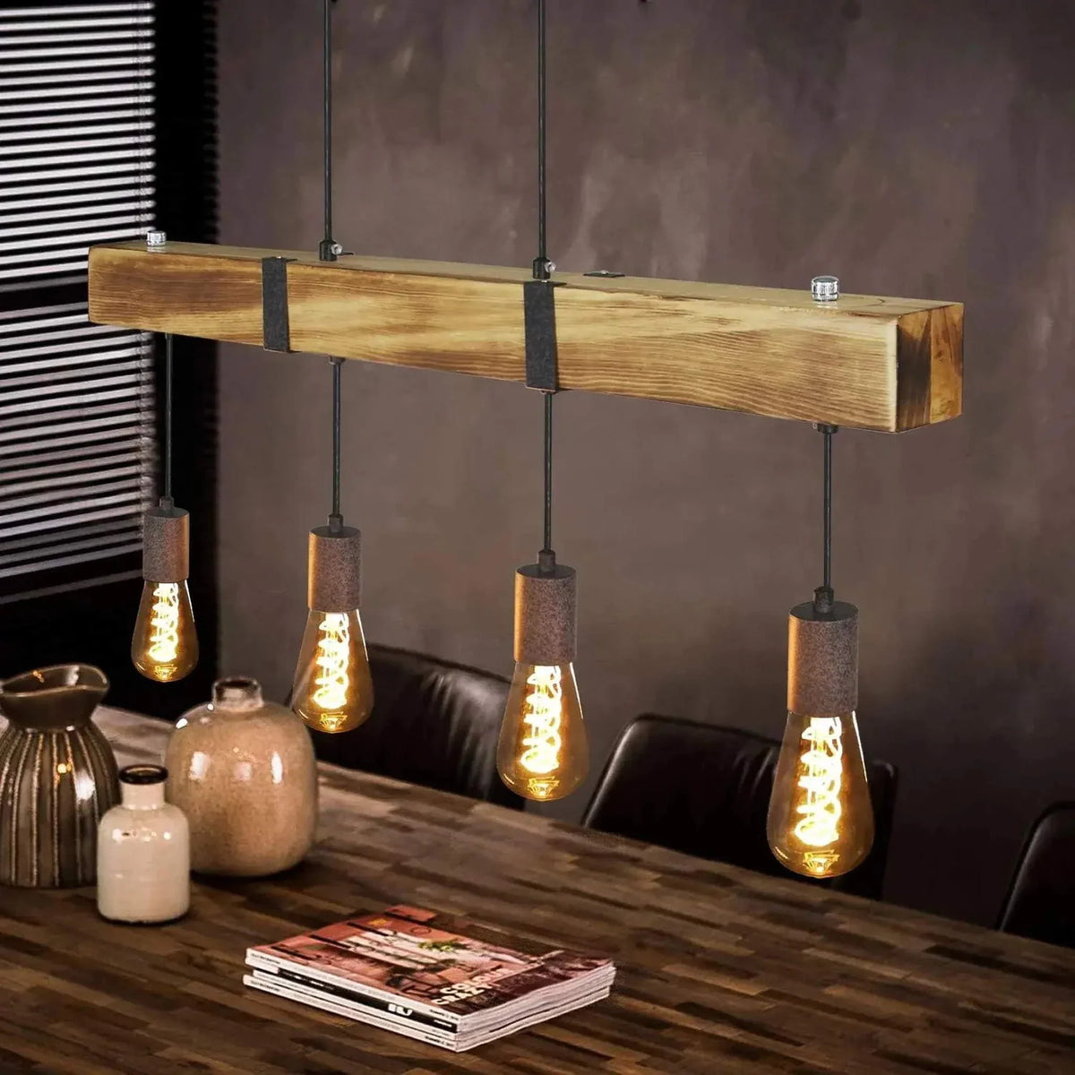 Lustre Poutre Bois Massif - Quatre Lumières | Travéa